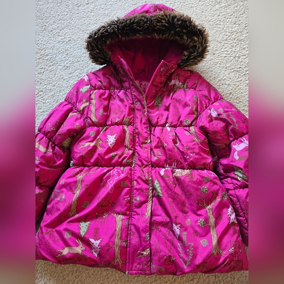 Joe Fresh Other - Joe Fresh Pink Floral Forest Print Puffer Jacket with Faux Fur Hood